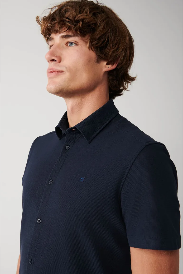 Men's Navy Blue Easy-to-Iron Classic Collar Knitted Lycra Cotton Slim Fit Slim Fit Short Sleeve Shirt - 3
