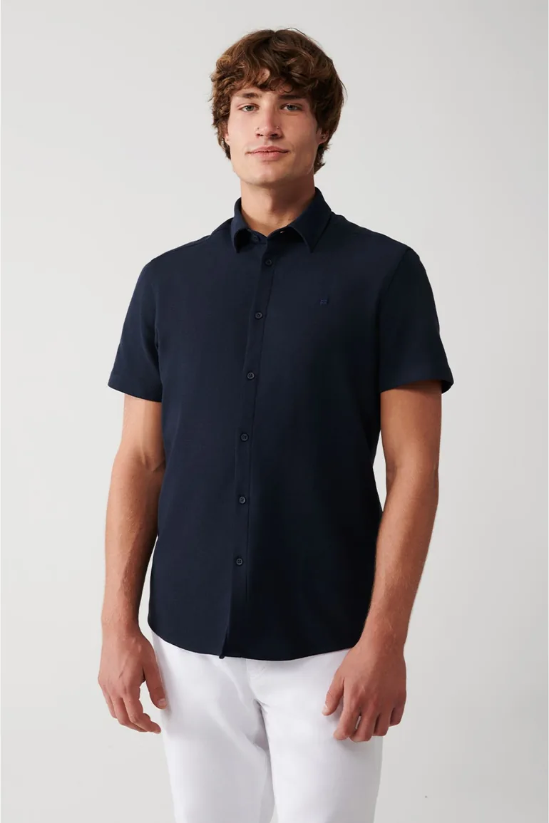 Men's Navy Blue Easy-to-Iron Classic Collar Knitted Lycra Cotton Slim Fit Slim Fit Short Sleeve Shirt - 2