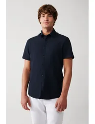 Men's Navy Blue Easy-to-Iron Classic Collar Knitted Lycra Cotton Slim Fit Slim Fit Short Sleeve Shirt - 2