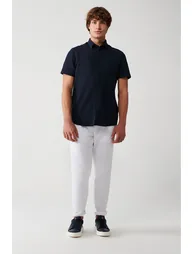 Men's Navy Blue Easy-to-Iron Classic Collar Knitted Lycra Cotton Slim Fit Slim Fit Short Sleeve Shirt