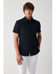 Men's Navy Blue Easy-to-Iron Classic Collar Knitted Lycra Cotton Slim Fit Slim Fit Short Sleeve Shirt - 1