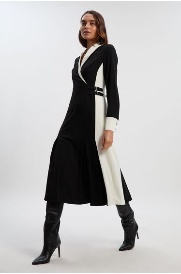 Tailored Crepe Buckle Waist Midi Shirt Dress