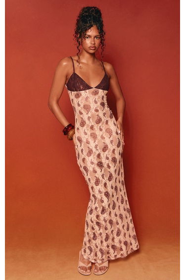 Cream Paisley Printed Lace Maxi Dress