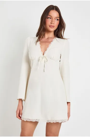 Tall Flared Sleeve Lace Trim Mini Dress - ivory