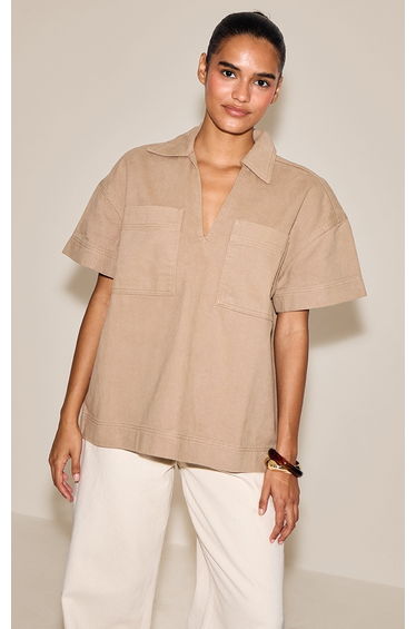 Stone Boxy Pocket Detail Short Sleeve Denim Rugby Shirt