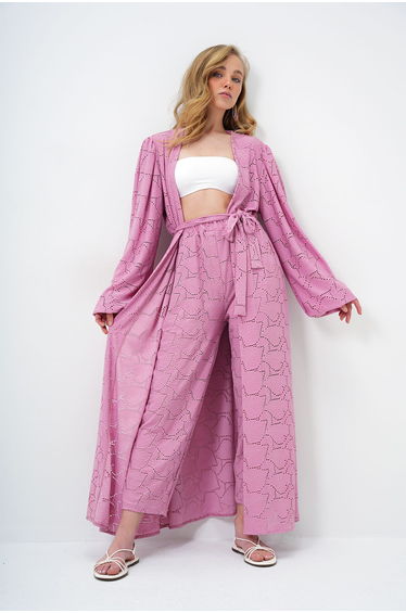 Women's Pink Self Textured Openwork Long Pants Kimono Suit