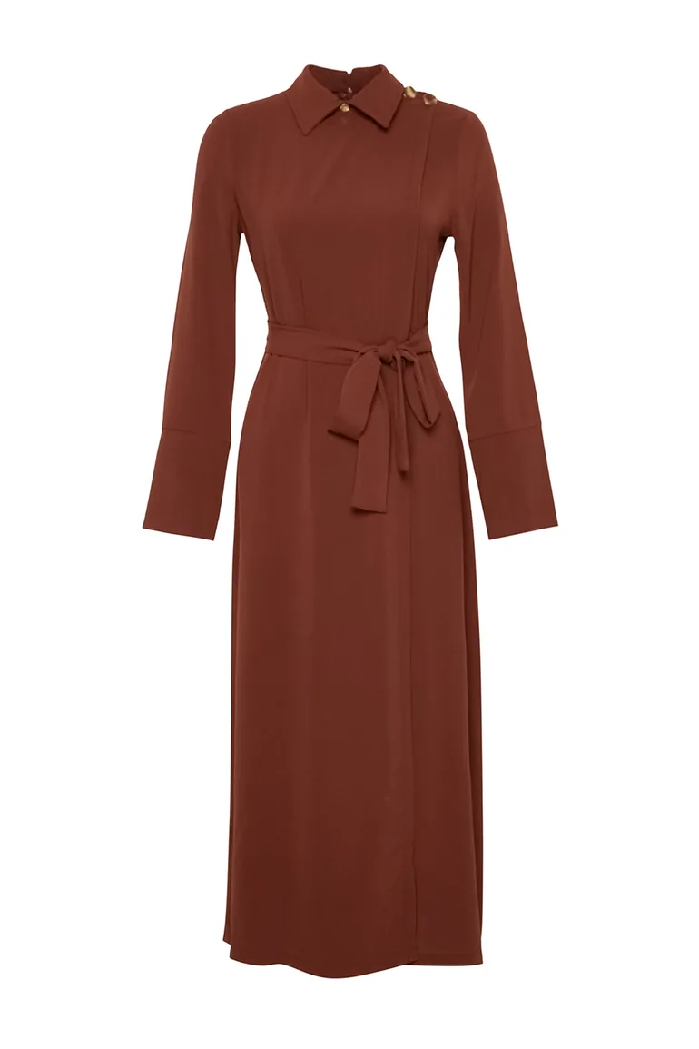 Brown A-Line Midaxi Shirt Dress with Long Sleeves - 5