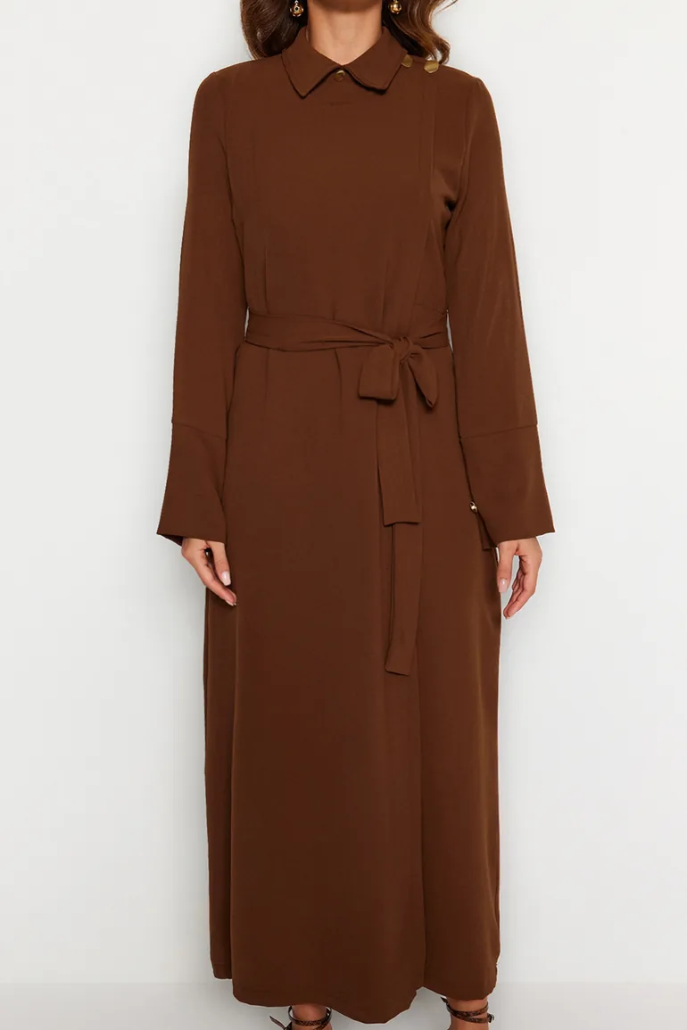 Brown A-Line Midaxi Shirt Dress with Long Sleeves - 1