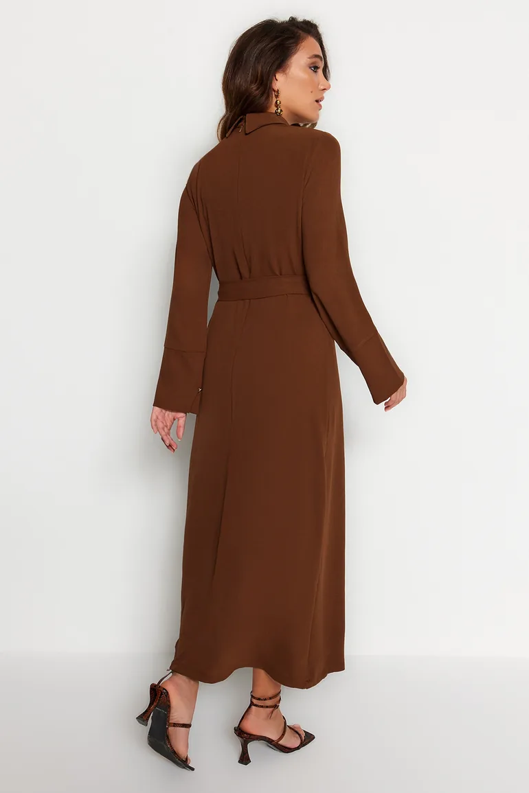 Brown A-Line Midaxi Shirt Dress with Long Sleeves - 3