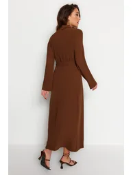 Brown A-Line Midaxi Shirt Dress with Long Sleeves - 3
