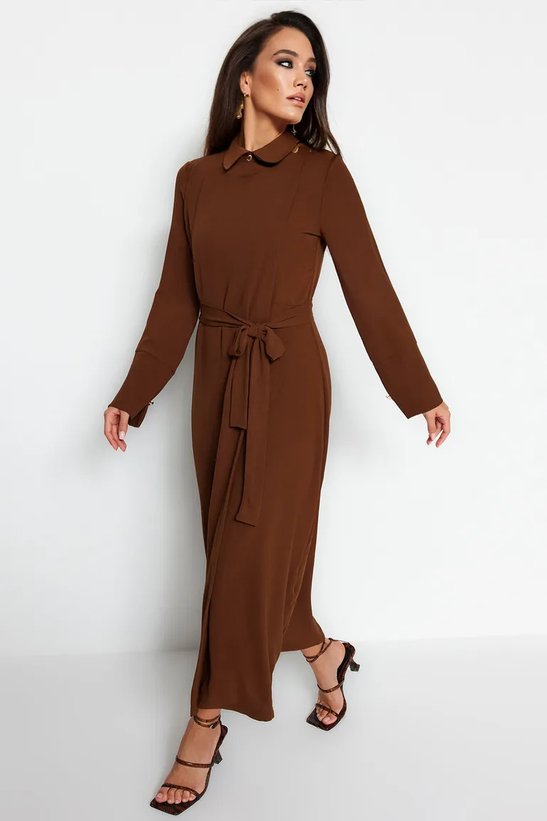 Brown A-Line Midaxi Shirt Dress with Long Sleeves - 7