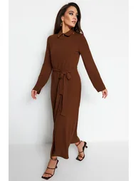 Brown A-Line Midaxi Shirt Dress with Long Sleeves - 7