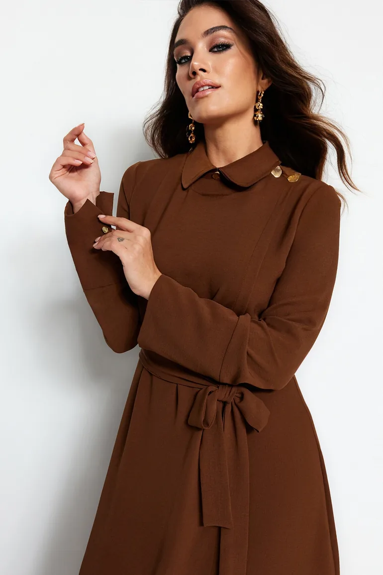 Brown A-Line Midaxi Shirt Dress with Long Sleeves - 2