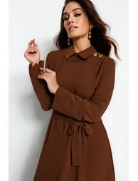 Brown A-Line Midaxi Shirt Dress with Long Sleeves - 2
