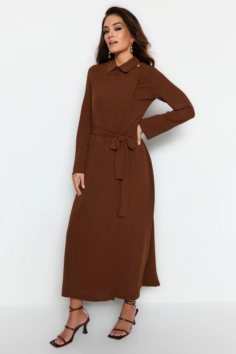 Brown A-Line Midaxi Shirt Dress with Long Sleeves
