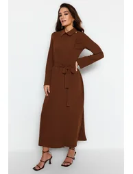 Brown A-Line Midaxi Shirt Dress with Long Sleeves