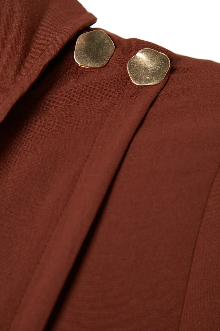 Brown A-Line Midaxi Shirt Dress with Long Sleeves - 6