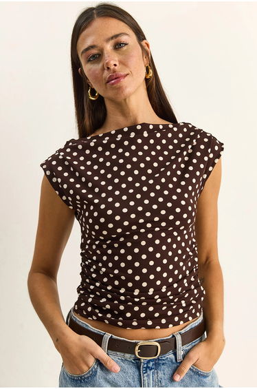 LUCCI Fitted Cowl Neck Polka Dot Blouse