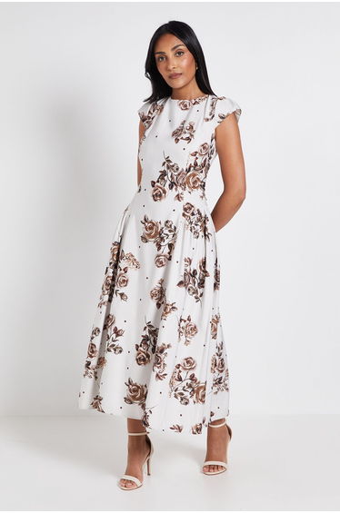 Petite Printed Ottoman Twill Cap Sleeve Midi Dress