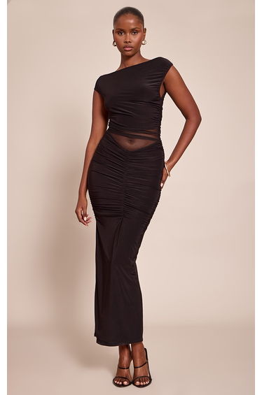 Black Mesh Overlay Off The Shoulder Maxi Dress