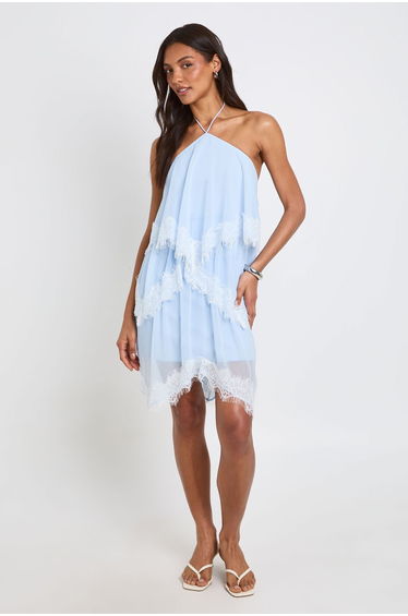 Tall Crinkle Chiffon & Lace Layered Mini Dress - baby blue
