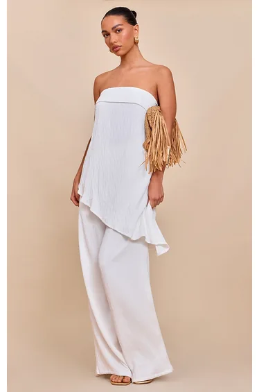 White Textured Wide Leg Trousers