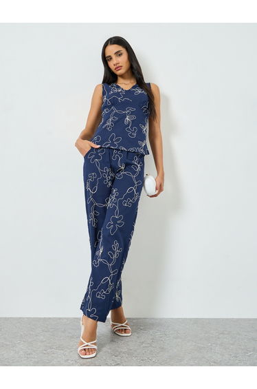 Navy Blue Embroidered Wide Leg Pants