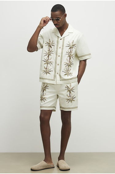 Cream Palm Tree Embroidered Shirt