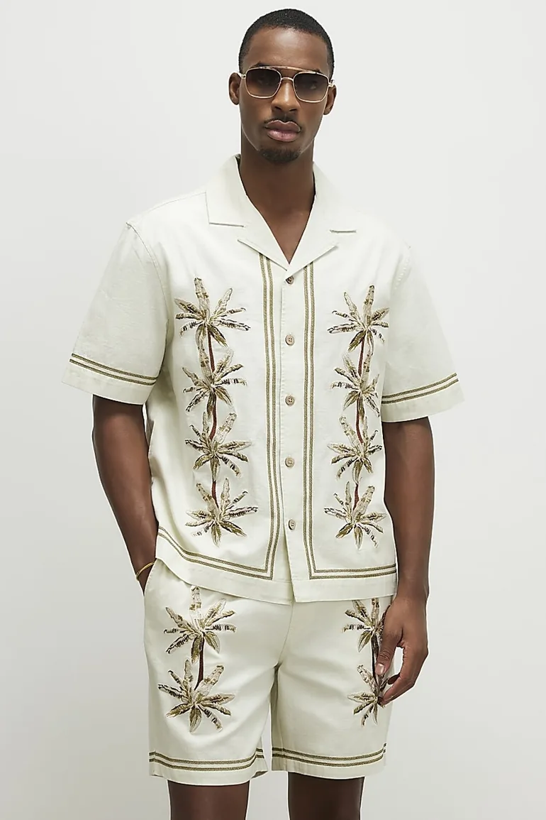 Cream Palm Tree Embroidered Shirt - 3