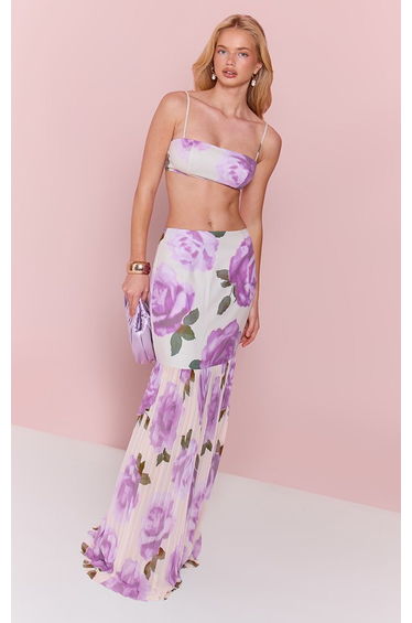 Pink Floral Print Woven Chiffon Contrast Maxi Skirt