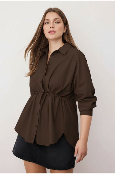 Brown gathered long sleeve woven plus size shirt