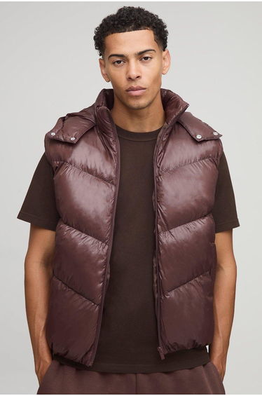 Regular Fit Sheen Panelled Hooded Funnel Puffer Gilet - chocolate
