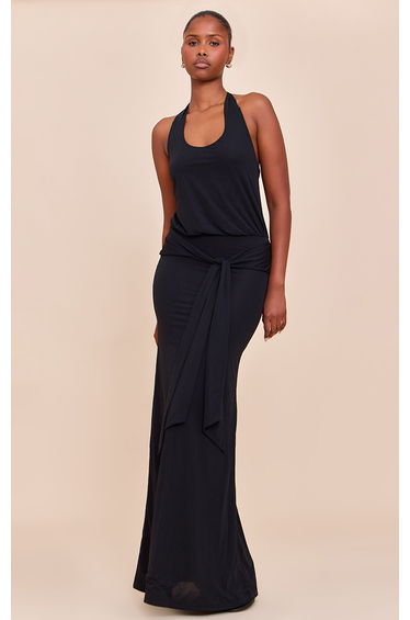Black Double Layered Chiffon Halterneck Keyhole Maxi Dress