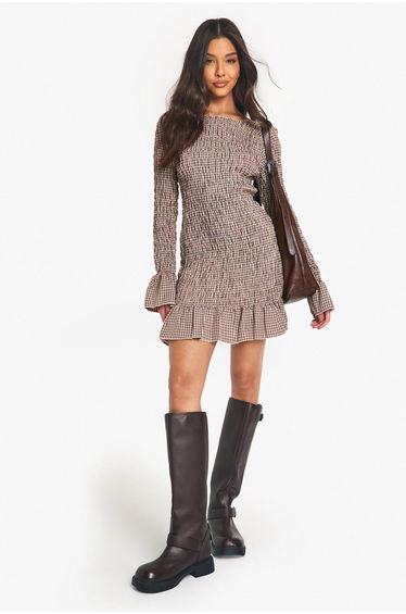 Check Shirred Long Sleeve Mini Dress