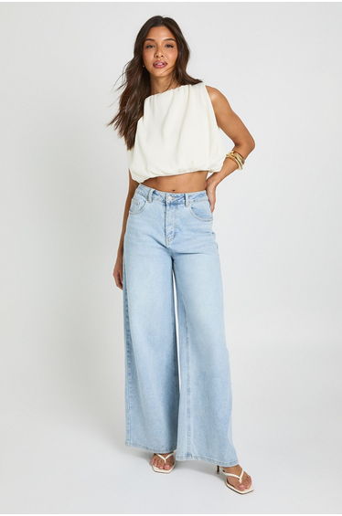 Plisse Bubble Hem Crop Top - ivory