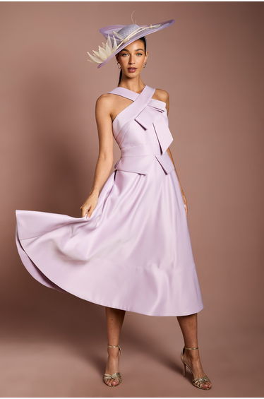 Lisa Tan Cross Neck Structured Satin Bow Detail Midi Dress