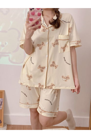 Bear Print Short Sleeve Shirt and Shorts Pyjama Set