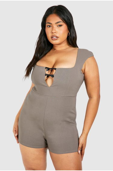 Plus Cap Sleeve Mini Bow Playsuit - taupe