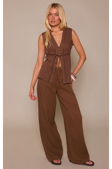 Chocolate Cotton Broderie Trim Split Hem Top