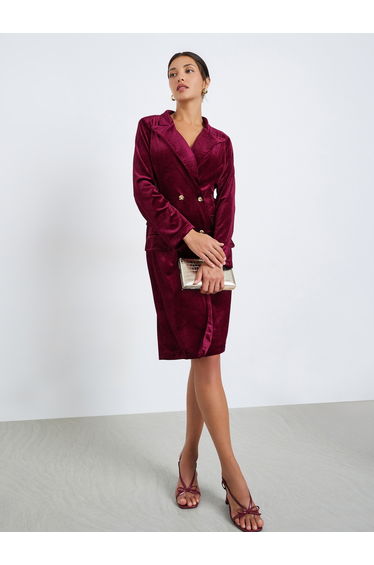 Women Burgundy Velvet Blazer Knee-Length Dress