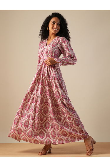 Women Pink All-Over Print V Neck Tiered Maxi Dress with Cut Out Detail