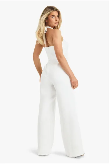 Premium Satin Boned Corset Halterneck Wide Leg Jumpsuit - white