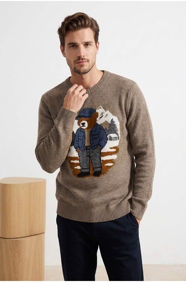 Mink Regular Crew Neck Animal Teddy Bear Sweater
