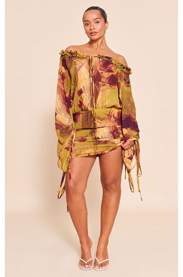 Shape Olive Abstract Print Off Shoulder Frill Ruched Mini Dress