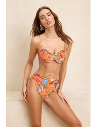 Floral Pattern Balconette Frilly High Waist High Leg Bikini Set - 1