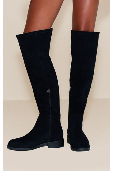 Wide Fit Black Faux Suede Round Toe Riding Knee High Boot