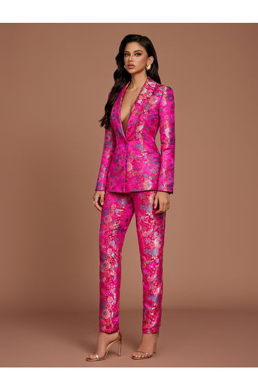 Fashion Solid Color All Over Printed Long Sleeve Suit Jacket Pants Ladies Suit Set