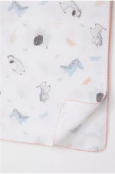 Newborn Baby Muslin Blanket with Cute Animal Pattern, White (75 x 90 cm)