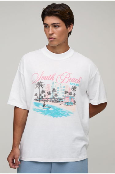 White Oversized Miami Print T-Shirt - white