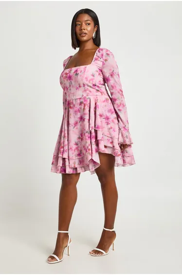 Plus Floral Chiffon Skater Dress - pink